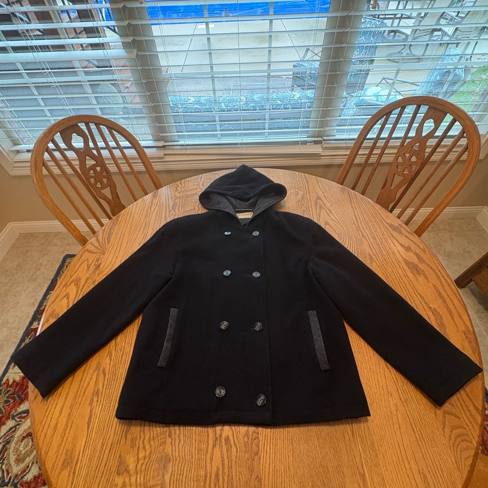 Sandro 100% Wool Black Vintage Hooded Pea Coat 10 Classic 90’s Preppy Style